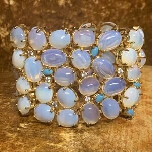 Opalite Glass Bracelet w/ Turquoise & CZ Accents 8 Inches Statement Piece